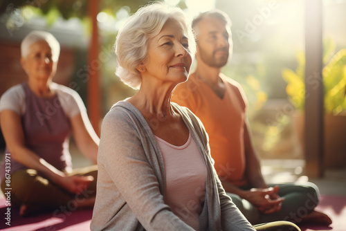 Image of senior people together training yoga asana generative AI concept