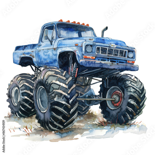 Illustration of an old blue monster truck with oversized tires, showcasing its rugged design and powerful build on a muddy surface.