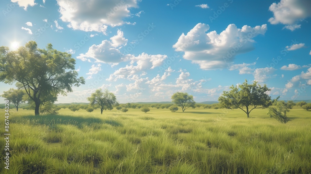 A panoramic view of a vast grassland with scattered trees. A panoramic view of a vast grassland with scattered trees.