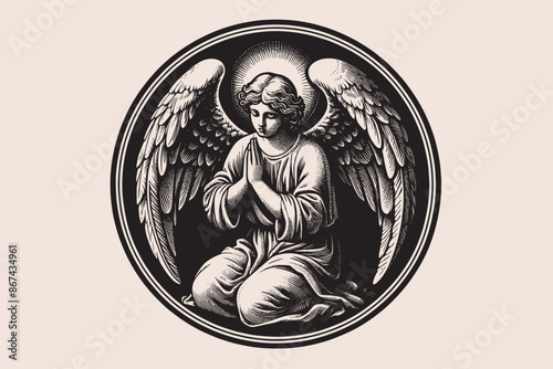 Praying angel. vintage engraving black outline illustration. Isolated object, emblem. Vector