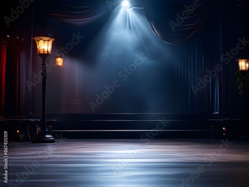 Captivating Stage Setup: 3D Rendering of an Empty Stage with Lighting Equipment photo