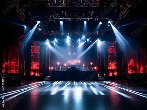 Captivating Stage Setup: 3D Rendering of an Empty Stage with Lighting Equipment photo