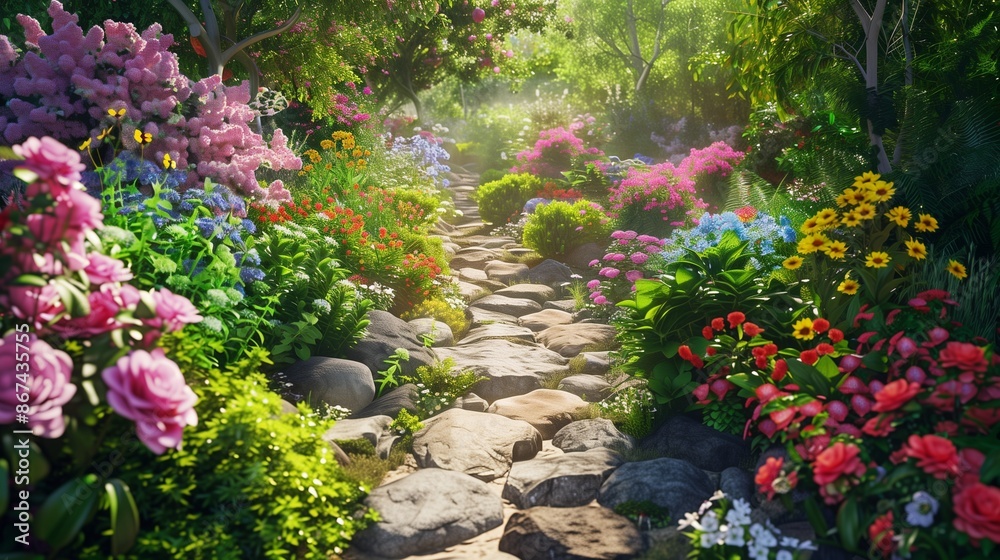A peaceful garden with a variety of colorful flowers and a stone pathway. A peaceful garden with a variety of colorful flowers and a stone pathway.