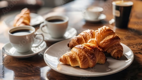 two croissants on a plate next to a cup of coffee