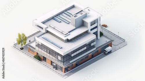 This image displays a modern, multi-story office building with sleek clean lines, expansive windows, rooftop solar panels, and vehicles evidence practical, sustainable urban design. © qorqudlu