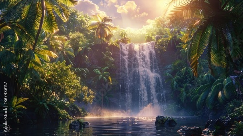 Eden's Majestic Waterfall: A Magical Tropical Evening Amidst Palm Trees and Jungle Vegetation in Bali, Indonesia. Generative AI