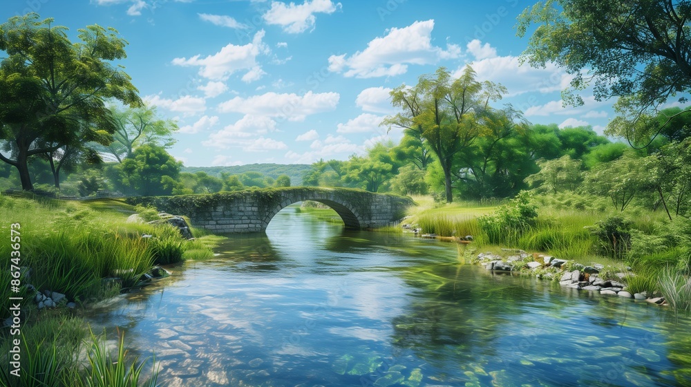 A peaceful river with a stone bridge, lush greenery on the banks, and a clear blue sky. A peaceful river with a stone bridge, lush greenery on the banks, and a clear blue sky.