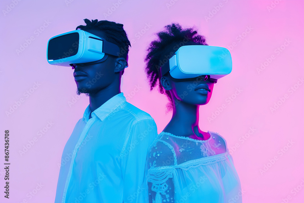 Couple Experiencing Virtual Reality, using virtual reality headsets, plain background Couple Experiencing Virtual Reality, using virtual reality headsets, plain background