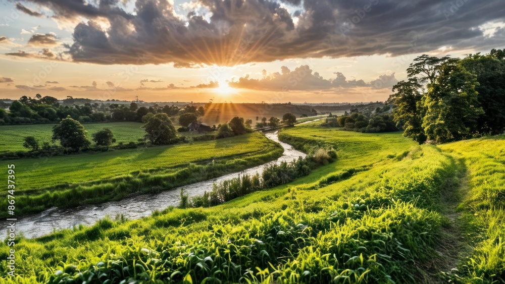 Obraz premium a lush green field with a river in the distance