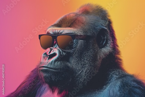 Gorilla wears black sunglasses on colorful studio background with vibrant pink to yellow gradient. Playful primate expression, dark gray body, light brown face. Perfect for tech, eco, and fun themes. photo