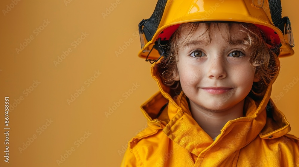 Minimalist design, confident boy in firefighter costume attire on the right, open background, space for text, banner concept Minimalist design, confident boy in firefighter costume attire on the right, open background, space for text, banner concept