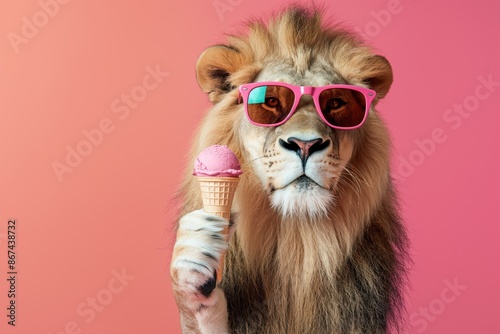 Majestic lion stands proudly on pink background with golden mane and white face. Lion wears pink sunglasses and holds pink ice cream cone in mouth. Regal animal enjoys sweet treat in playful pose.