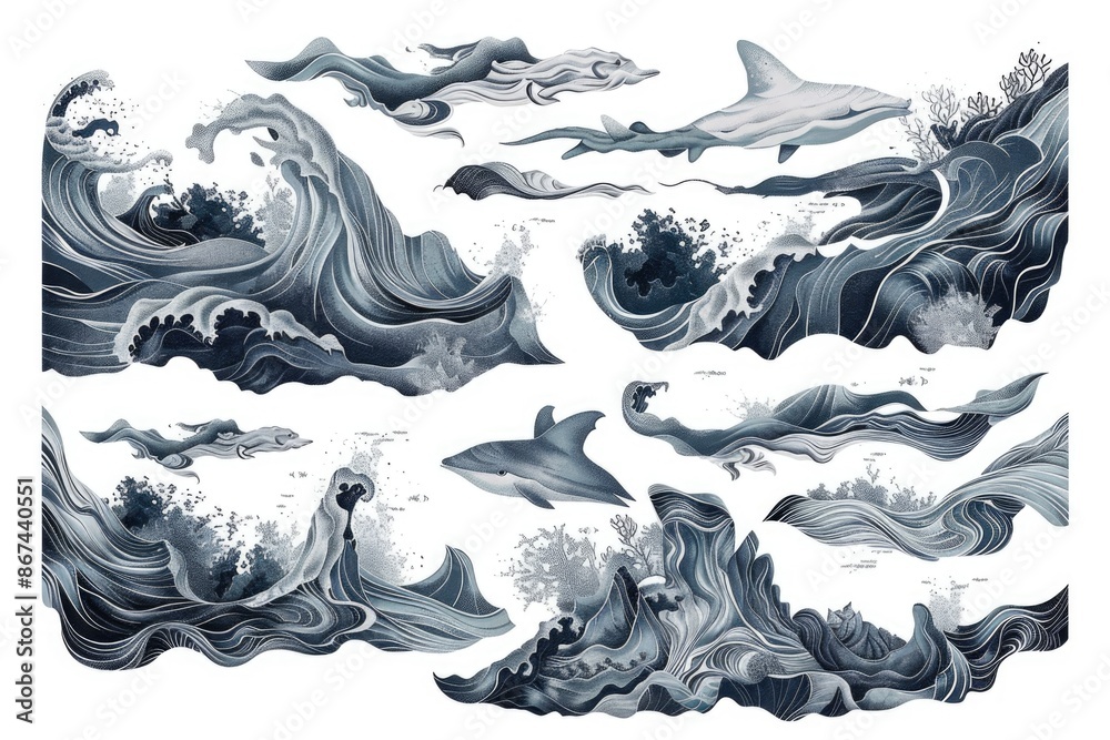 A group of dolphins swimming together in the open ocean A group of dolphins swimming together in the open ocean