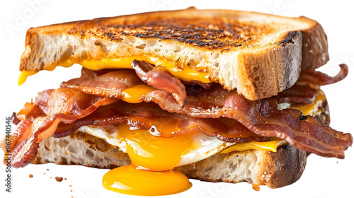  A bacon, egg, and cheese breakfast sandwich perfectly toasted, showcasing golden yolk oozing over crispy bacon and melted cheese, isolated on a transparent background 