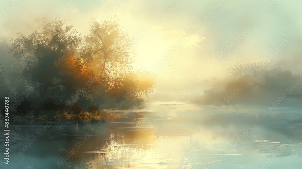 A painting of a forest with a river in the background A painting of a forest with a river in the background