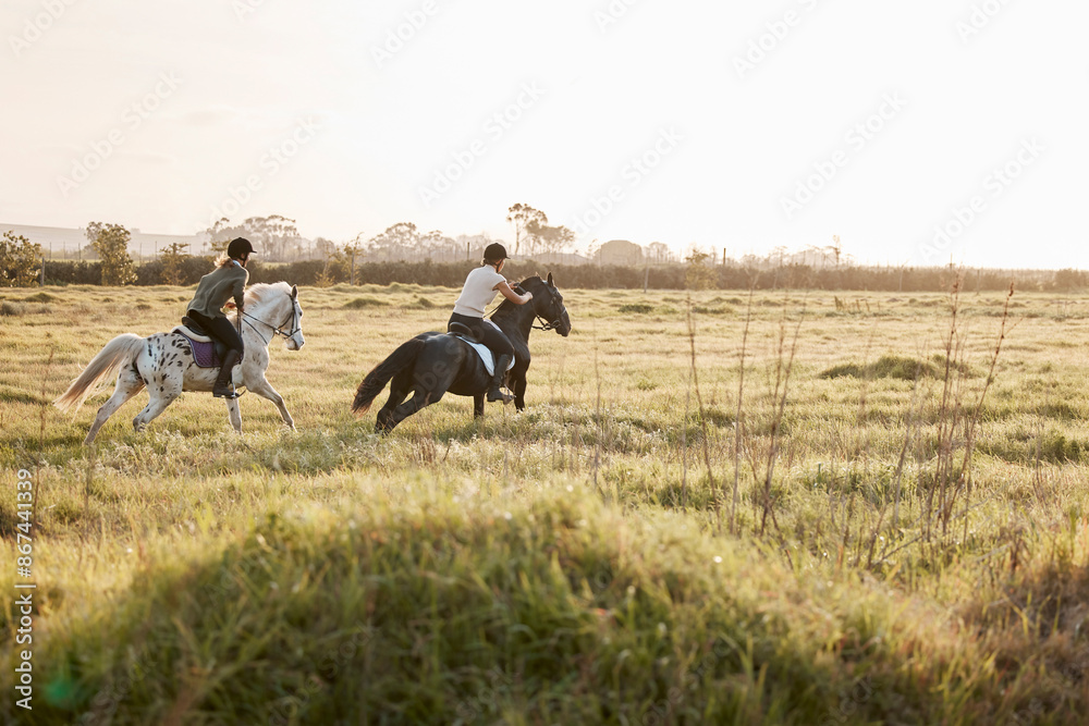 Horse riding, friends and people in countryside outdoor on vacation, holiday or travel on grass. Equestrian, animals and women on horseback in field on adventure, journey and race together in nature Horse riding, friends and people in countryside outdoor on vacation, holiday or travel on grass. Equestrian, animals and women on horseback in field on adventure, journey and race together in nature