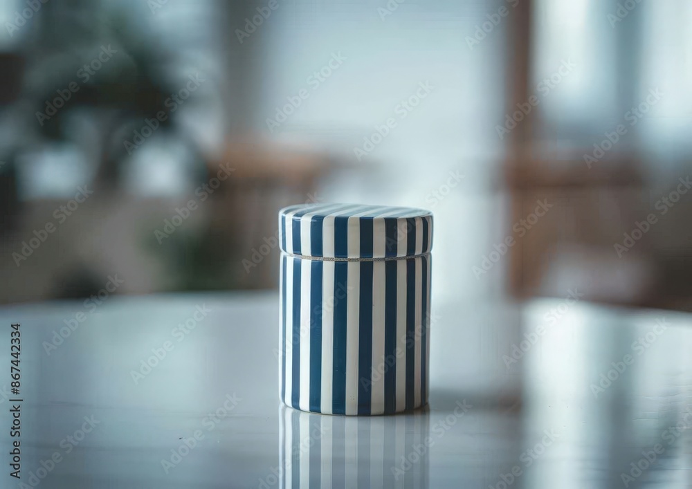  Mini Blue and White Striped Tin Can on Tabletop