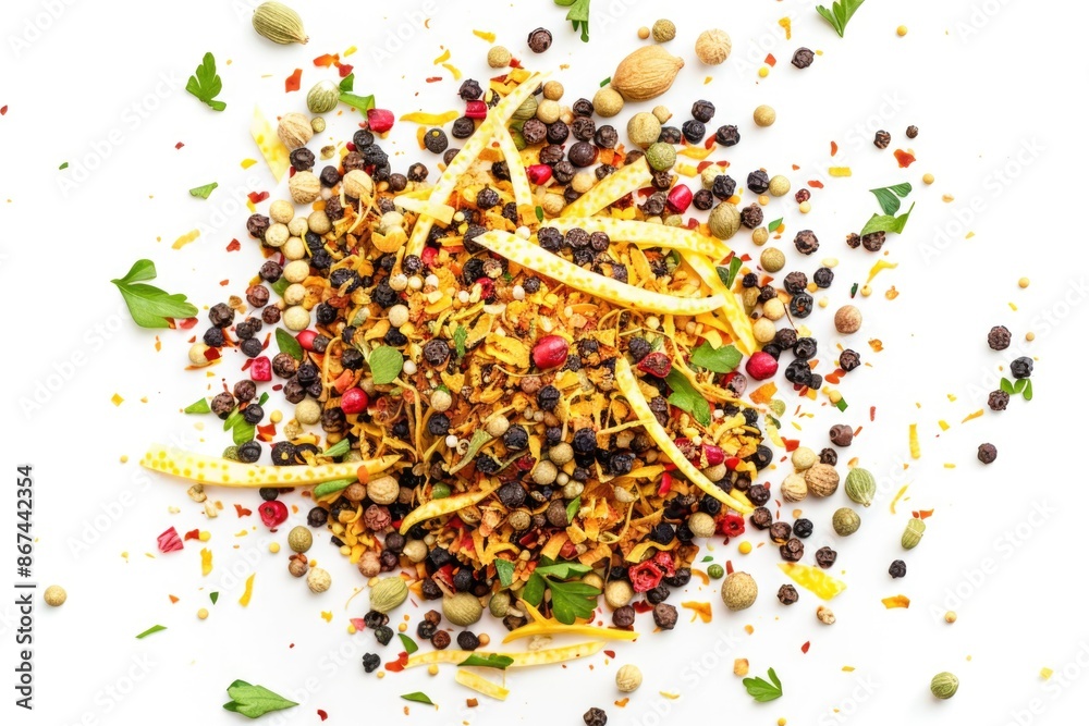 A selection of spices and herbs arranged on a white surface for display or use A selection of spices and herbs arranged on a white surface for display or use