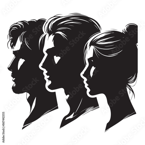 Black silhouettes of male and female heads on a white background