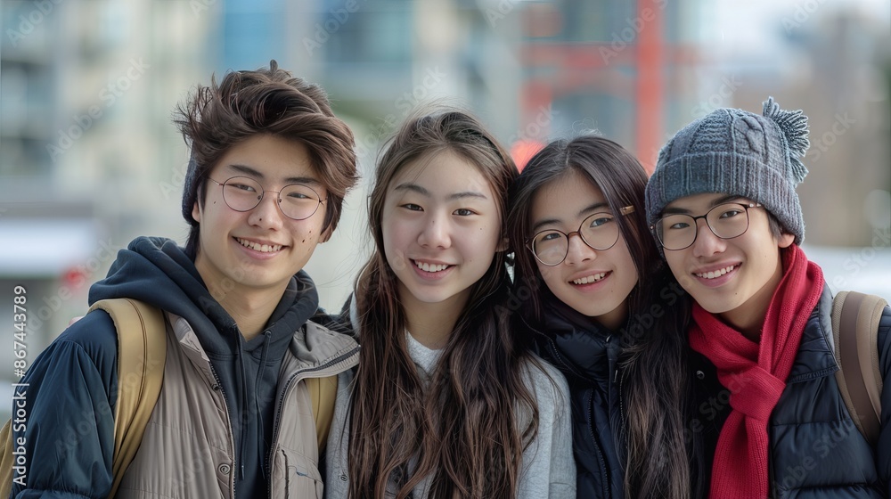 Four friends, bundled up in winter clothing, smile warmly at the camera while enjoying a delightful day in the bustling city, radiating joy and camaraderie. Four friends, bundled up in winter clothing, smile warmly at the camera while enjoying a delightful day in the bustling city, radiating joy and camaraderie.