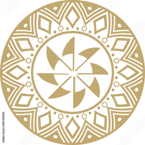 Native American vector round gold pattern. Geometric shapes in a circle. National ornament of the peoples of America, Maya, Aztecs, Inca