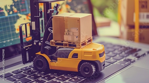 This image illustrates a forklift lifting cardboard boxes onto a laptop, symbolizing the integration of modern logistics and e-commerce in the digital age of online shopping. photo