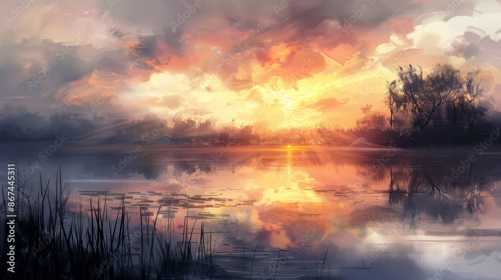 A painting of a lake with a sunset in the background A painting of a lake with a sunset in the background