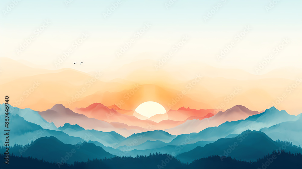 minimalist landscape flat design, front view, serene theme, watercolor, Complementary Color Scheme minimalist landscape flat design, front view, serene theme, watercolor, Complementary Color Scheme