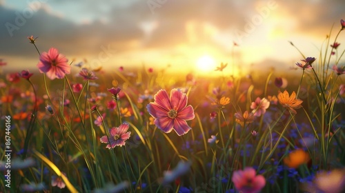 A field of flowers with a pink flower in the foreground © Chayan