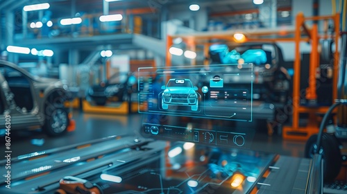 The image depicts a high-tech automotive manufacturing facility with digital interfaces, advanced machinery, and futuristic car models, showcasing modern production capabilities.