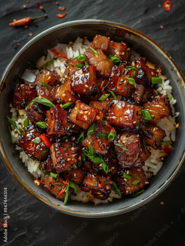 An overhead view of a delectable dish featuring crispy pork belly stir-fried and placed atop steaming hot rice An overhead view of a delectable dish featuring crispy pork belly stir-fried and placed atop steaming hot rice