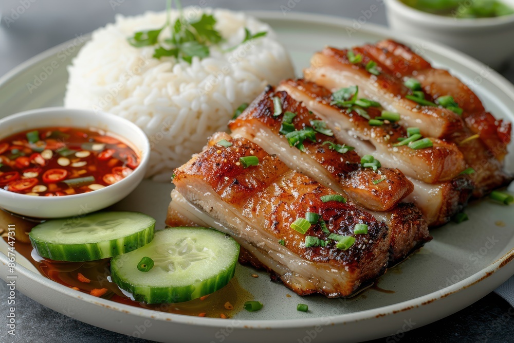 Editorial style photo of a plate of crispy pork belly served with fluffy steamed rice, garnished with cucumber slices and a side of spicy dipping sauce