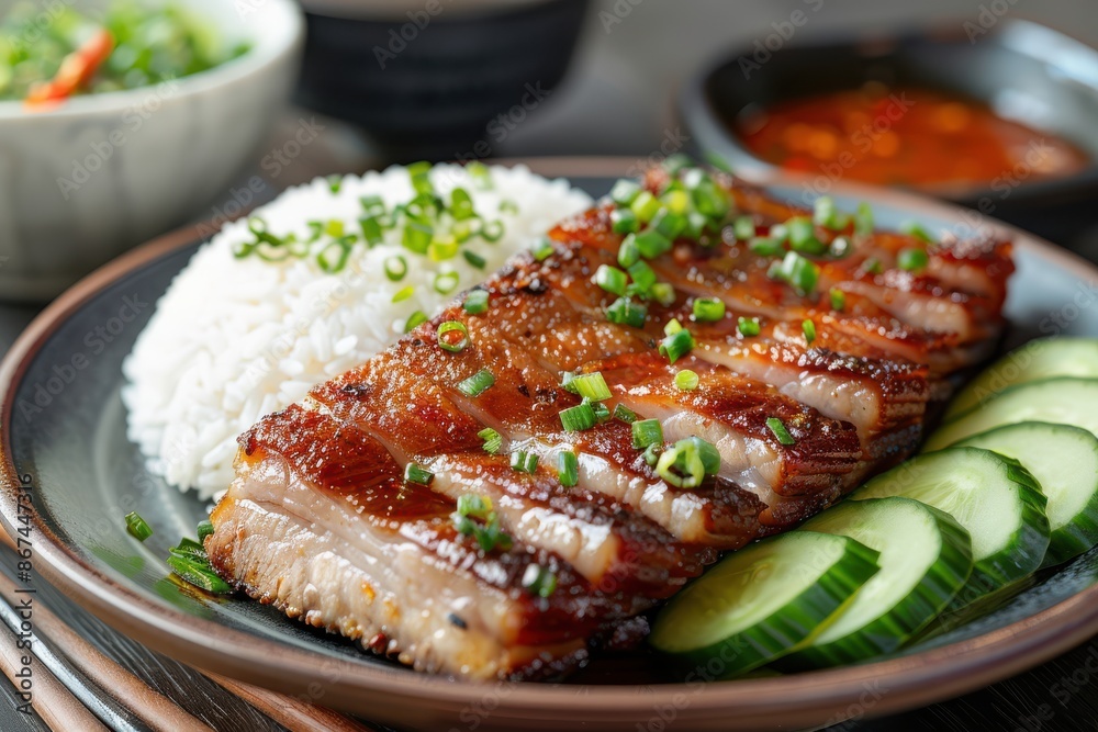 Editorial style photo of a plate of crispy pork belly served with fluffy steamed rice, garnished with cucumber slices and a side of spicy dipping sauce Editorial style photo of a plate of crispy pork belly served with fluffy steamed rice, garnished with cucumber slices and a side of spicy dipping sauce