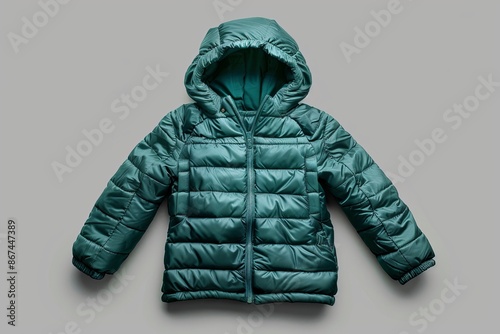 This image presents a vibrant green hooded winter jacket isolated against a gray backdrop, highlighting its cozy, warm design meant for protection in cold weather. photo