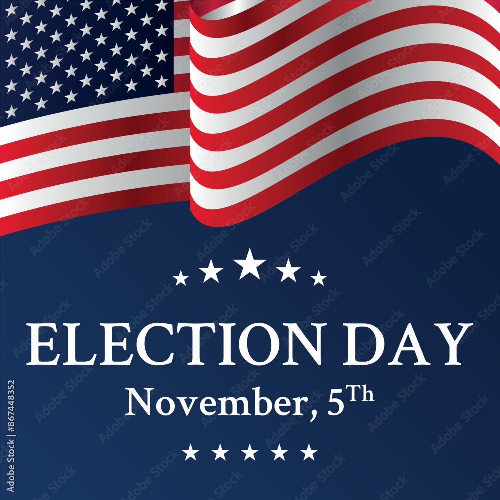 USA 2024 Presidential Election background with American flag colors design. Election event banner, card, poster, template, voting communication, background. Vote day, November 5. Vector illustration.
