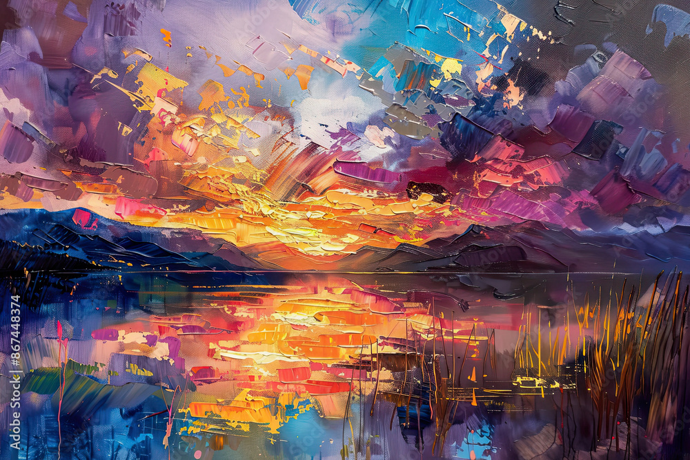 Fototapeta premium Vibrant Sunset Oil Painting with Gold Foil Accents for Summer Decor