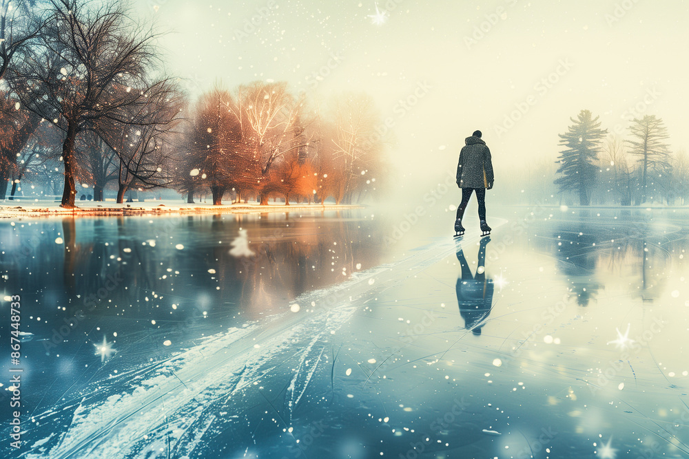 Obraz premium Peaceful Winter Evening Ice Skating with a Man Amidst Snowfall and Lights in a Scenic Park