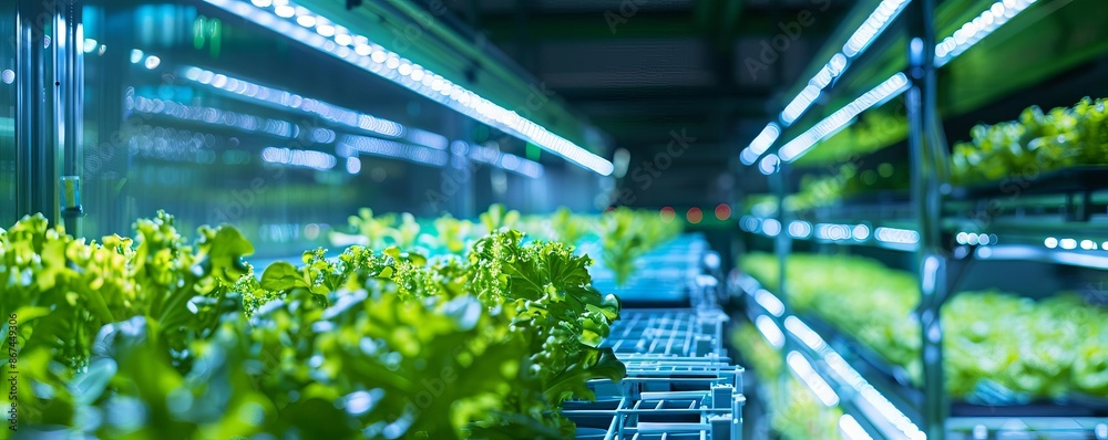 Close-up of vertical farming with LED lights growing fresh green lettuce indoors. Modern agricultural technology and sustainable food production. Close-up of vertical farming with LED lights growing fresh green lettuce indoors. Modern agricultural technology and sustainable food production.