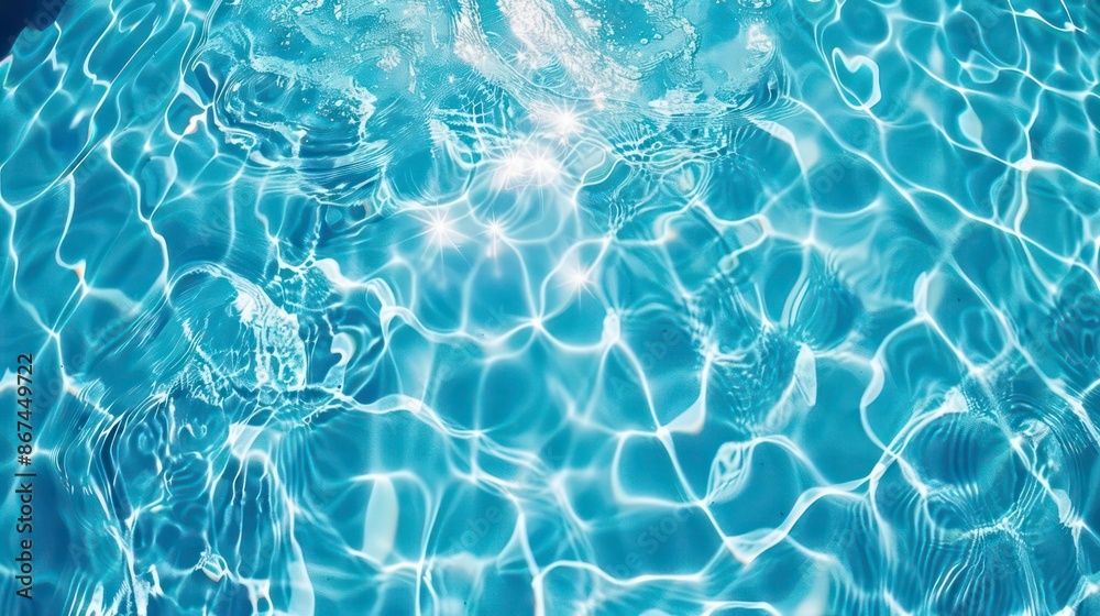 A bright blue swimming pool with a ripple surface is seen from a top ...