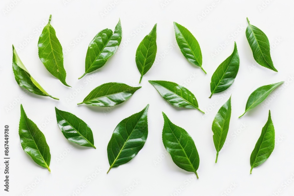 Fresh Green Tea Camellia Leaves on White Background - Natural Product Photography for Print, Card, Poster