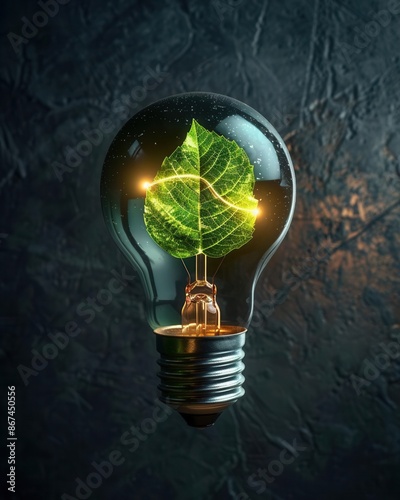 LED bulbs floating in the air glowing orange with leaves inside the tube. Reflects the concept of environmental conservation.