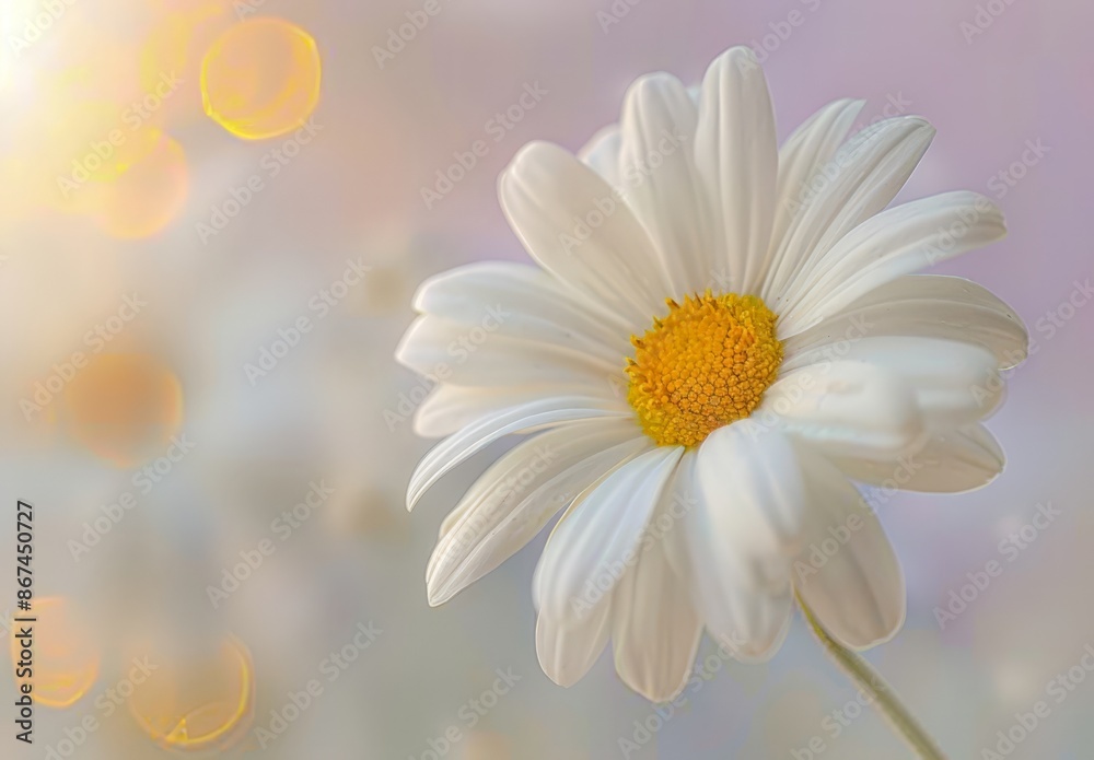 Pure White Daisy with Yellow Center, Close-up Shot against a Blurred Sunlit Background Pure White Daisy with Yellow Center, Close-up Shot against a Blurred Sunlit Background