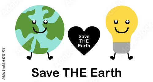 Earth planet and lamp bulb for patches, badges, stickers, posters. Cute eco funny cartoon character icon in asian japanese kawaii style. Vector ecology, environment, renewable energy typography quote
