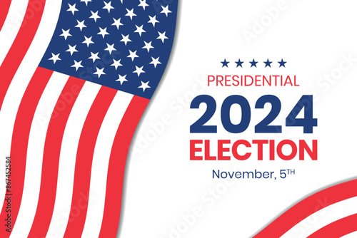 USA 2024 Presidential Election background with American flag colors design. Election event banner, card, poster, template, voting communication, background. Vote day, November 5. Vector illustration.