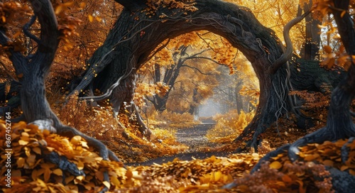 A Circular Tree Archway in a Golden Autumn Forest