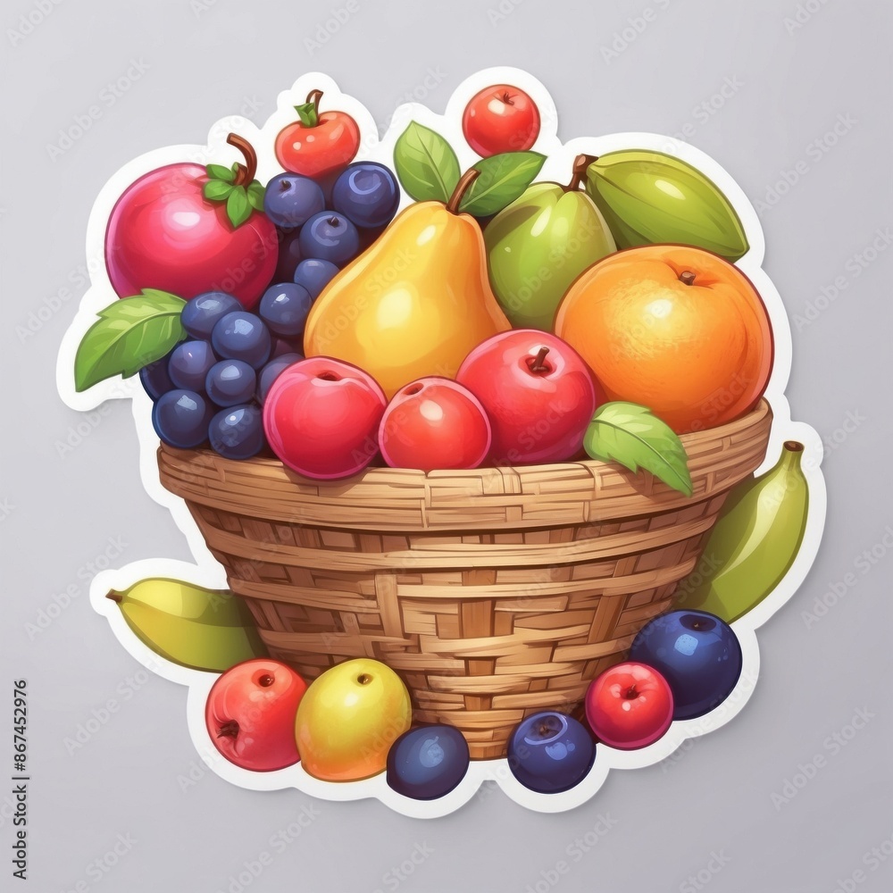 Sticker of a wooden basket full of healthy fruits. 3D cartoon style, isolated on a simple background. Sticker of a wooden basket full of healthy fruits. 3D cartoon style, isolated on a simple background.