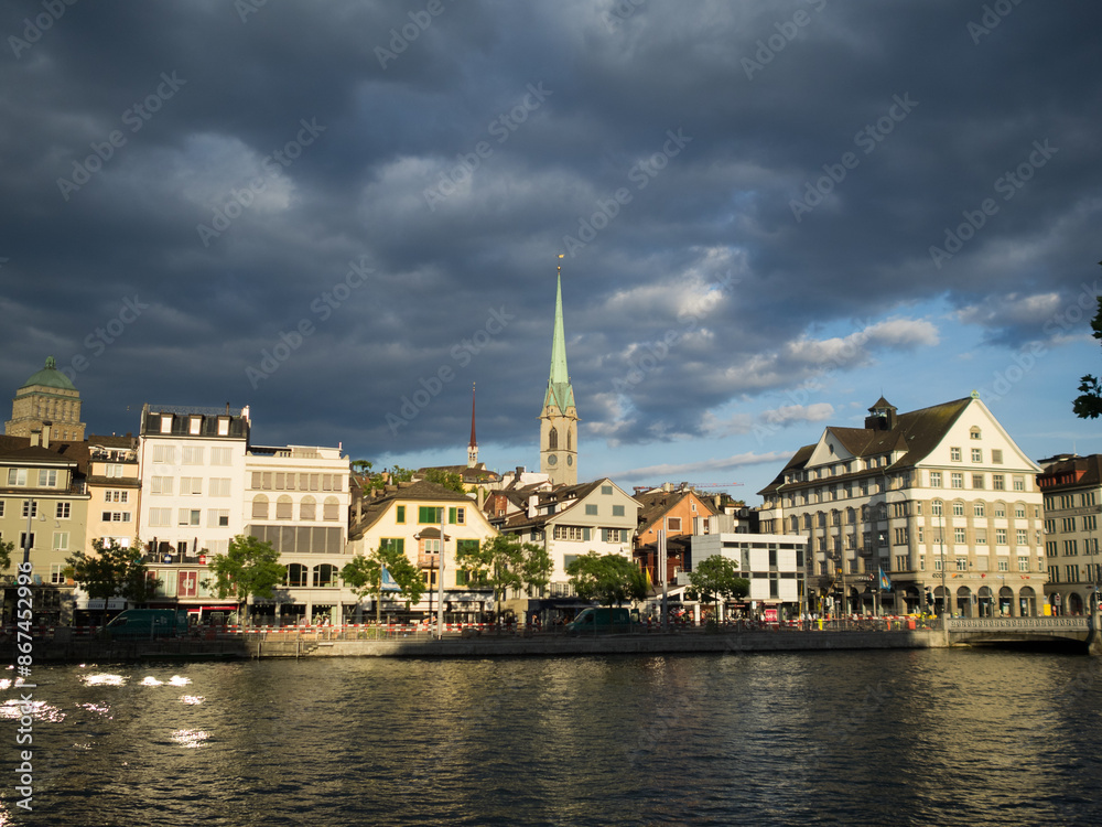 Fototapeta premium Dark clouds over Zurich skyline