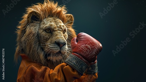 Cute funky lion wear sport costume suit boxer glove, with copy space, 3d real photo photo