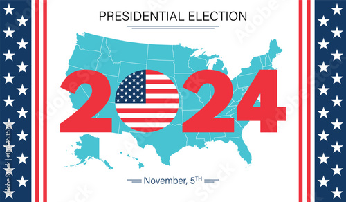USA 2024 Presidential Election background with US flag colors design and map. Election event banner, card, poster, template, voting communication background. Vote day, November 5. Vector illustration.