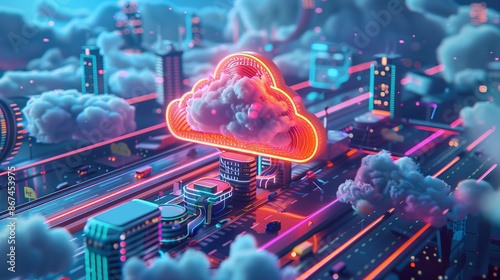 A vibrant, neon-lit cloud icon hovers over a digital landscape, symbolizing the integration of cloud computing technology in modern cities. photo